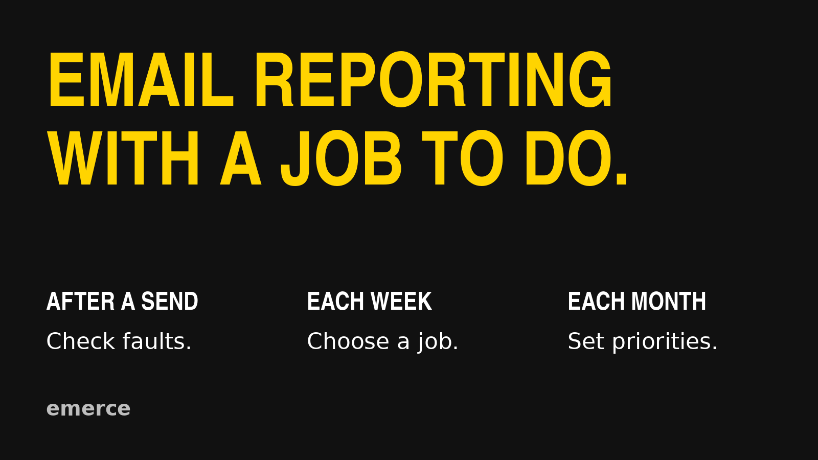 Three reporting jobs: check faults after a send, choose an improvement each week, and review priorities each month.