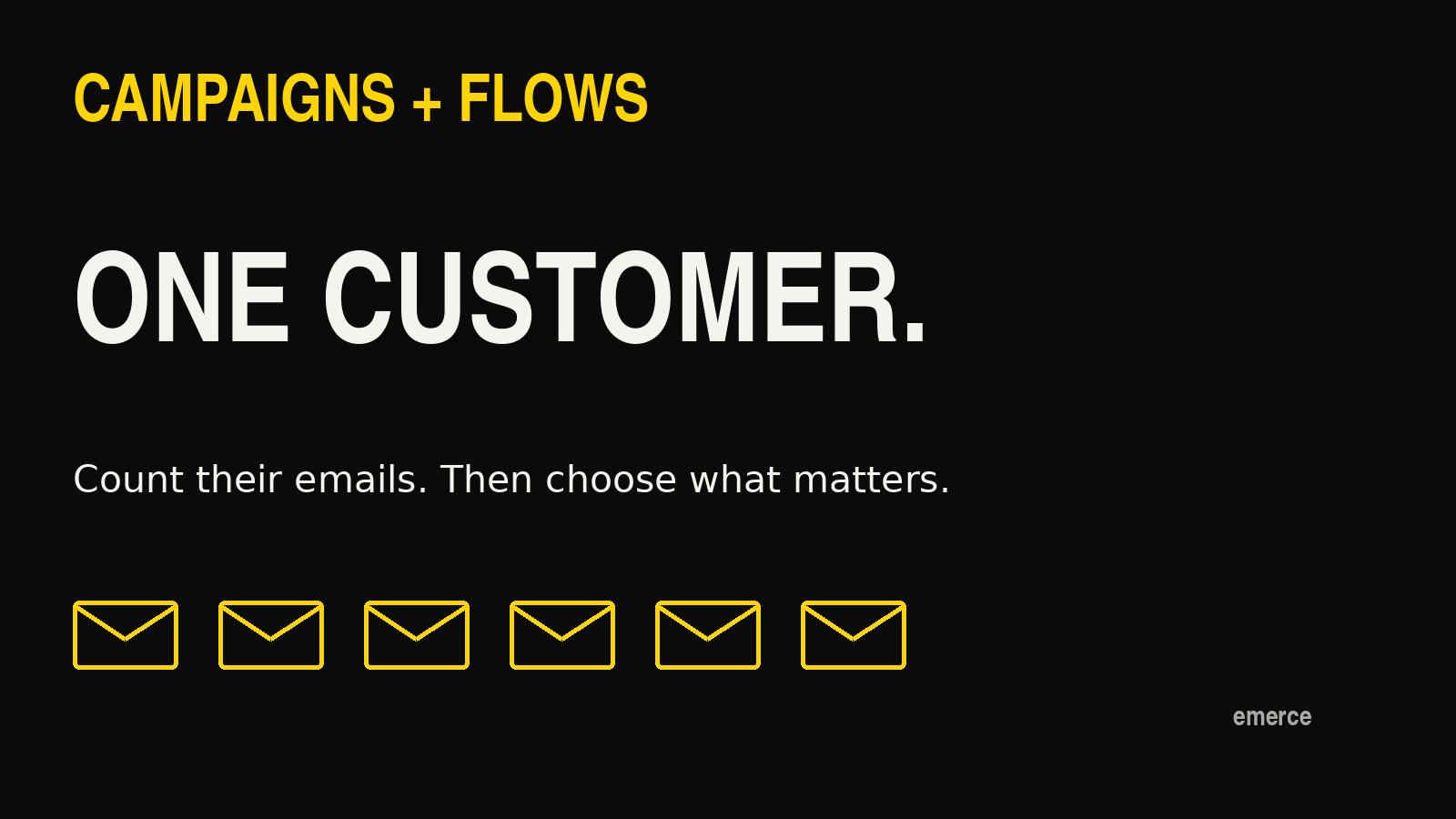 Campaigns and flows reach one customer. Six envelope icons illustrate counting emails together before deciding which messages matter.